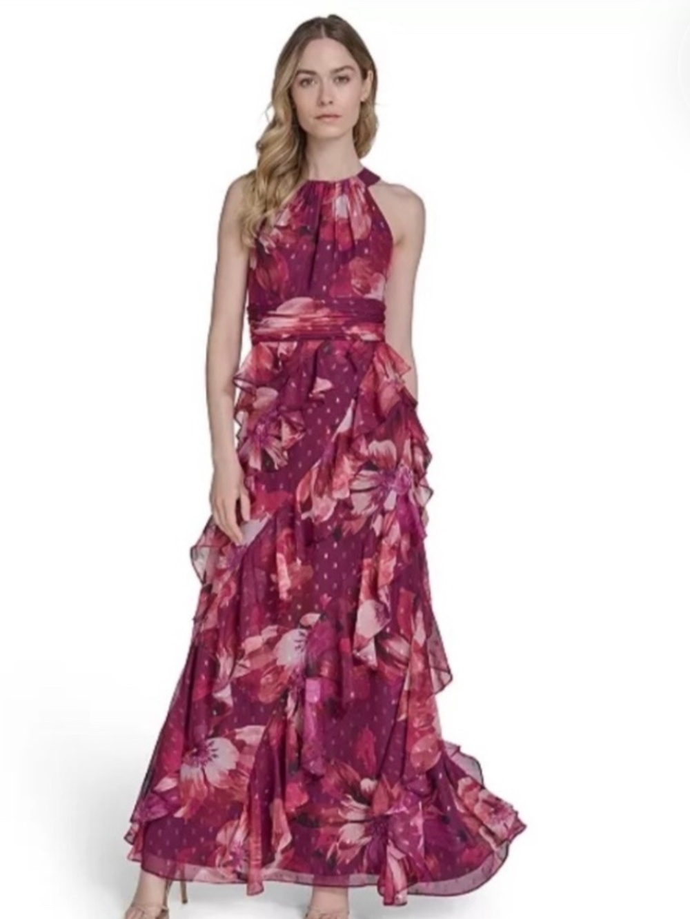 Ruffle Metallic Clip Dot Sleeveless Maxi Dress Eliza J